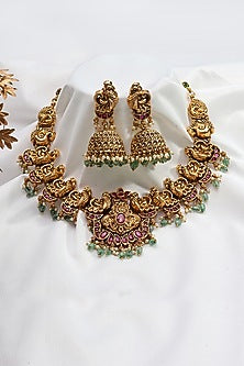 Gold Finish Green Stone Temple Choker Necklace Set