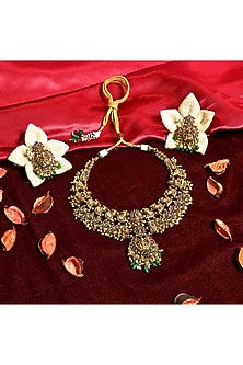 Gold Finish Multi-Colored Stone Temple Choker Necklace Set