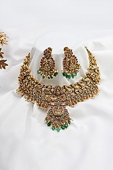 Gold Finish Multi-Colored Stone Temple Choker Necklace Set