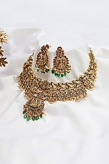 Gold Finish Multi-Colored Stone Temple Choker Necklace Set