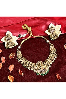 Gold Finish Multi-Colored Stone Temple Choker Necklace Set