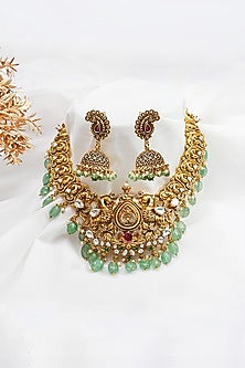 Gold Finish Kundan Polki & Green Stone Temple Choker Necklace Set