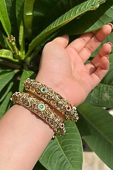 Gold Finish Multi-Colored Stone Carved Temple Bangles (Set Of 2)
