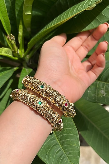 Gold Finish Multi-Colored Stone Carved Temple Bangles (Set Of 2)