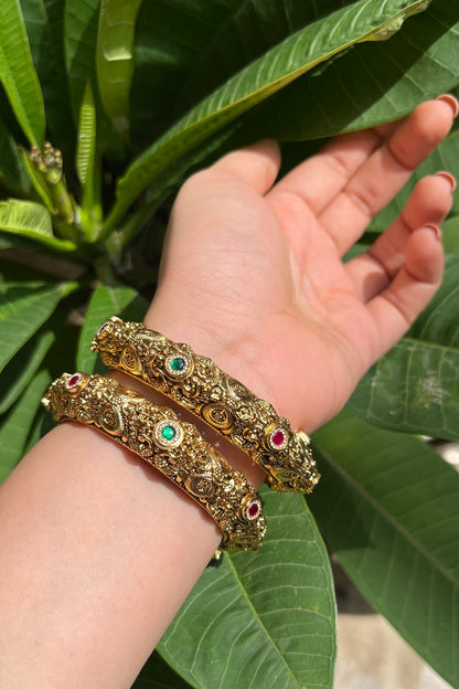 Gold Finish Multi-Colored Stone Carved Temple Bangles (Set Of 2)