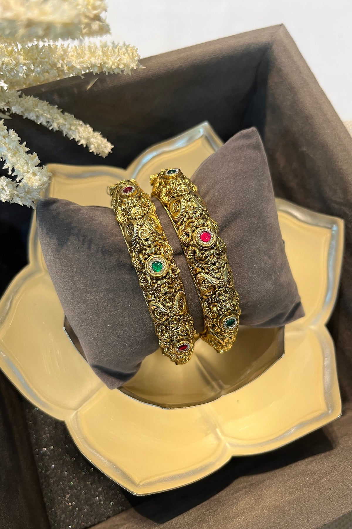 Gold Finish Multi-Colored Stone Carved Temple Bangles (Set Of 2)