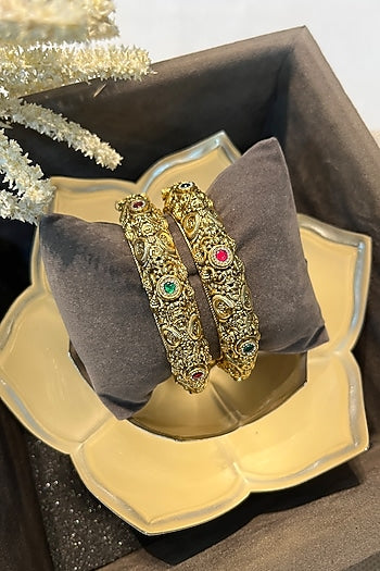 Gold Finish Multi-Colored Stone Carved Temple Bangles (Set Of 2)