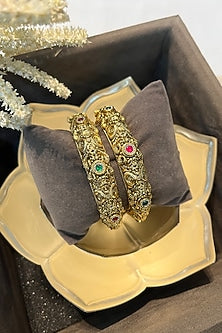 Gold Finish Multi-Colored Stone Carved Temple Bangles (Set Of 2)