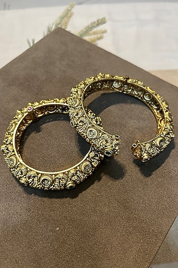 Gold Finish Multi-Colored Stone Carved Temple Bangles (Set Of 2)
