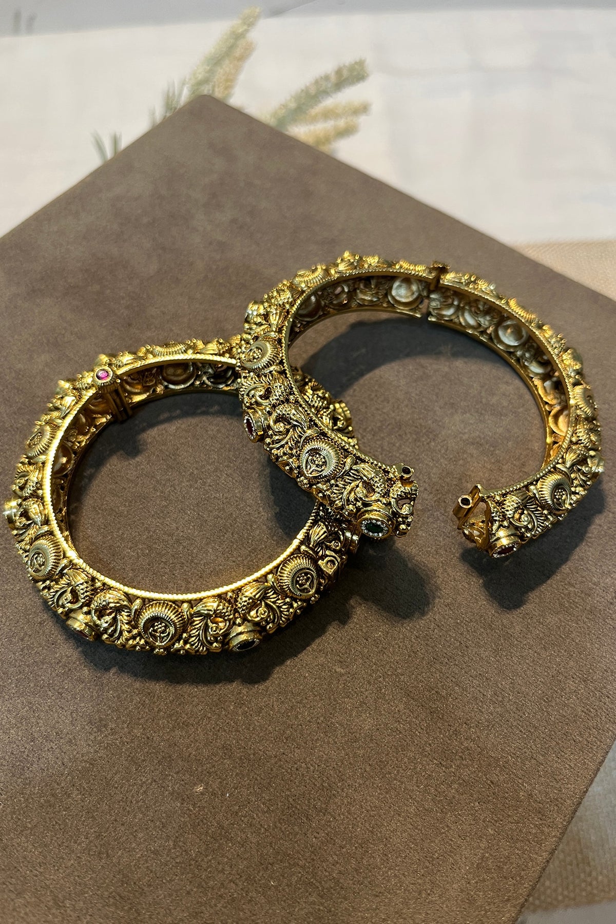 Gold Finish Multi-Colored Stone Carved Temple Bangles (Set Of 2)