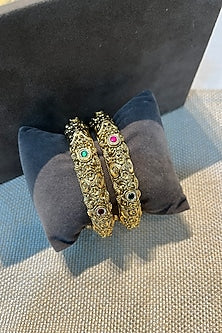 Gold Finish Multi-Colored Stone Carved Temple Bangles (Set Of 2)