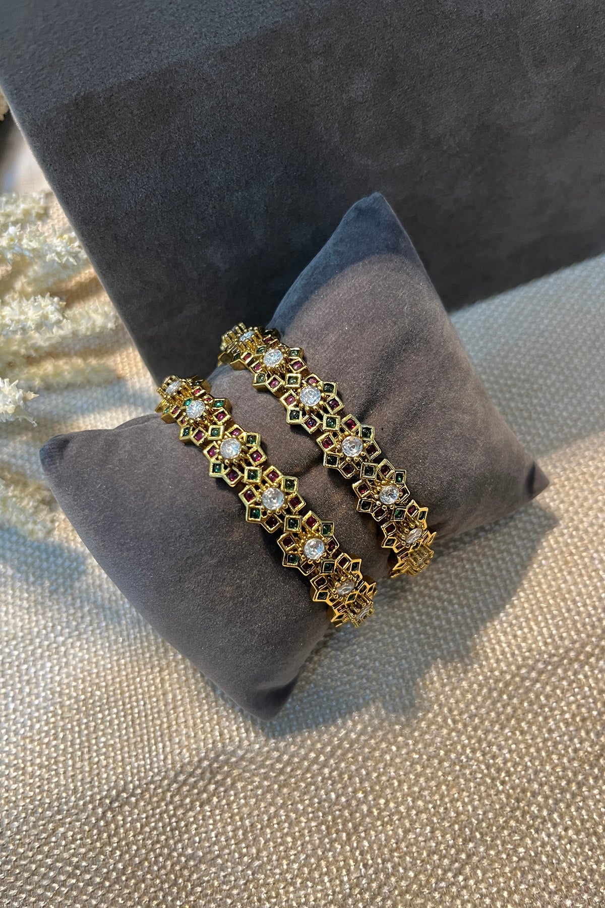 Gold Finish Multi-Colored Stone Temple Bangles (Set Of 2)