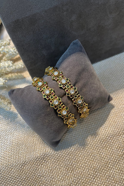 Gold Finish Multi-Colored Stone Temple Bangles (Set Of 2)