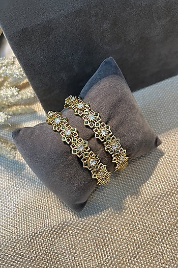 Gold Finish Multi-Colored Stone Temple Bangles (Set Of 2)