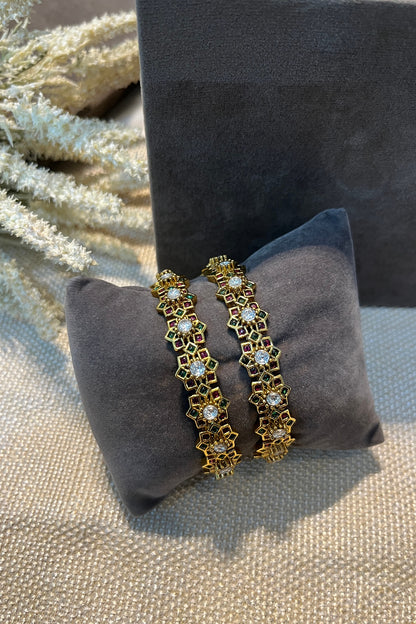 Gold Finish Multi-Colored Stone Temple Bangles (Set Of 2)