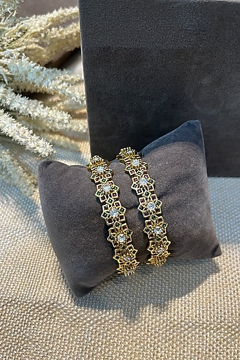 Gold Finish Multi-Colored Stone Temple Bangles (Set Of 2)