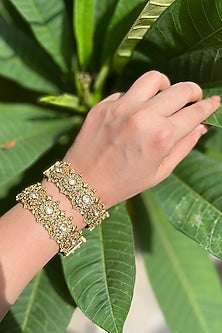 Gold Finish White Stone Openable Temple Bangles (Set Of 2)
