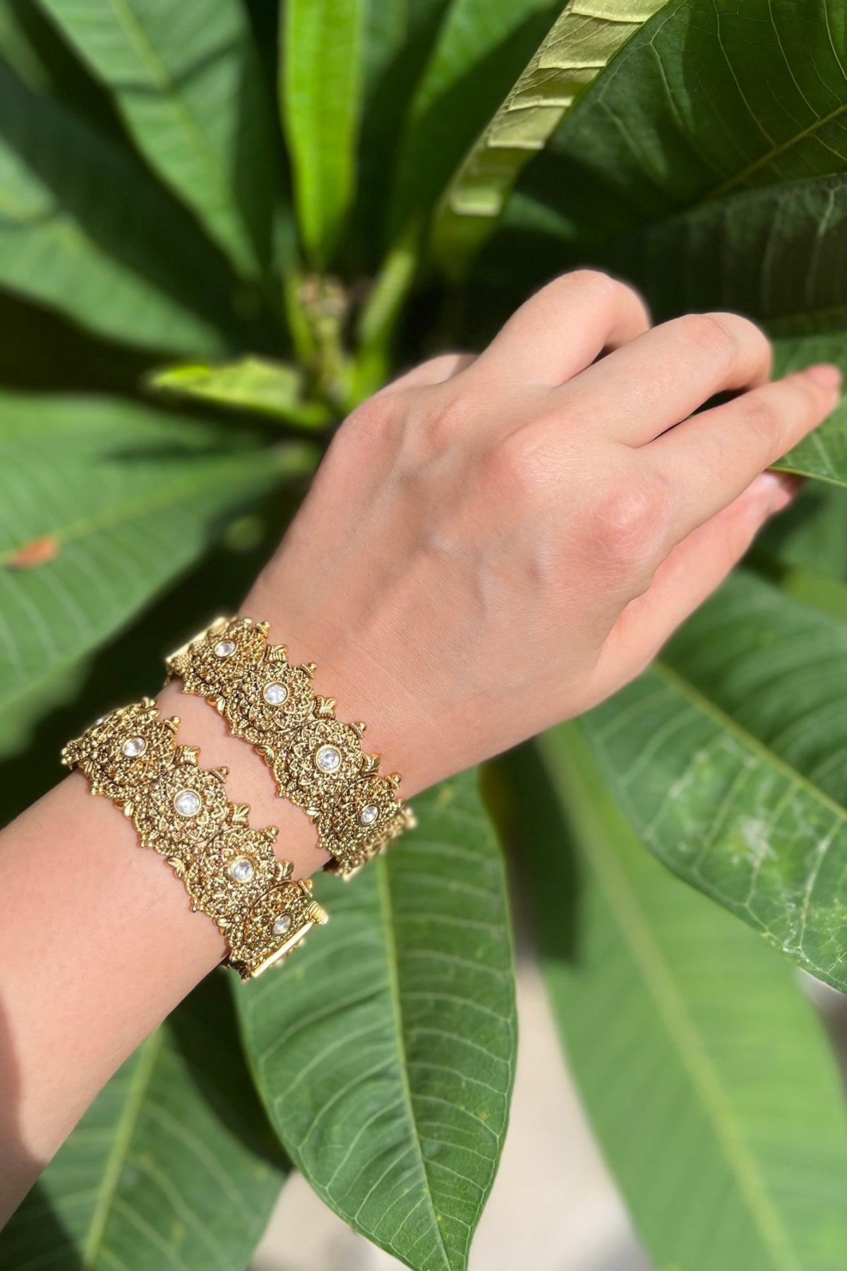 Gold Finish White Stone Openable Temple Bangles (Set Of 2)