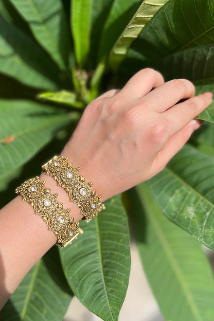 Gold Finish White Stone Openable Temple Bangles (Set Of 2)