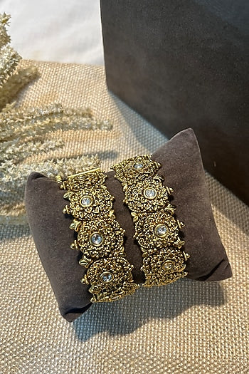 Gold Finish White Stone Openable Temple Bangles (Set Of 2)