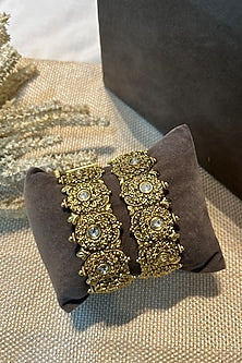 Gold Finish White Stone Openable Temple Bangles (Set Of 2)