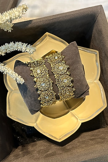 Gold Finish White Stone Openable Temple Bangles (Set Of 2)