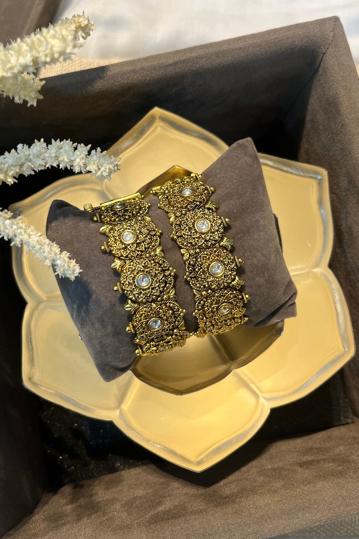 Gold Finish White Stone Openable Temple Bangles (Set Of 2)
