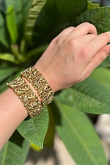 Gold Finish Motif Openable Temple Bangles (Set Of 2)