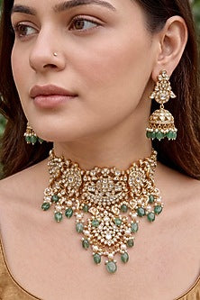 Gold Finish Moissanite Polki & Emerald Beaded Choker Necklace Set