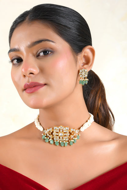 Gold Finish Moissanite Polki & Emerald Beaded Choker Necklace Set