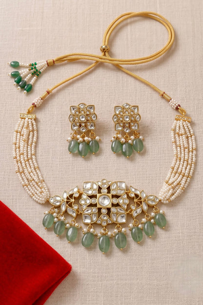 Gold Finish Moissanite Polki & Emerald Beaded Choker Necklace Set