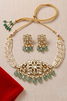 Gold Finish Moissanite Polki & Emerald Beaded Choker Necklace Set