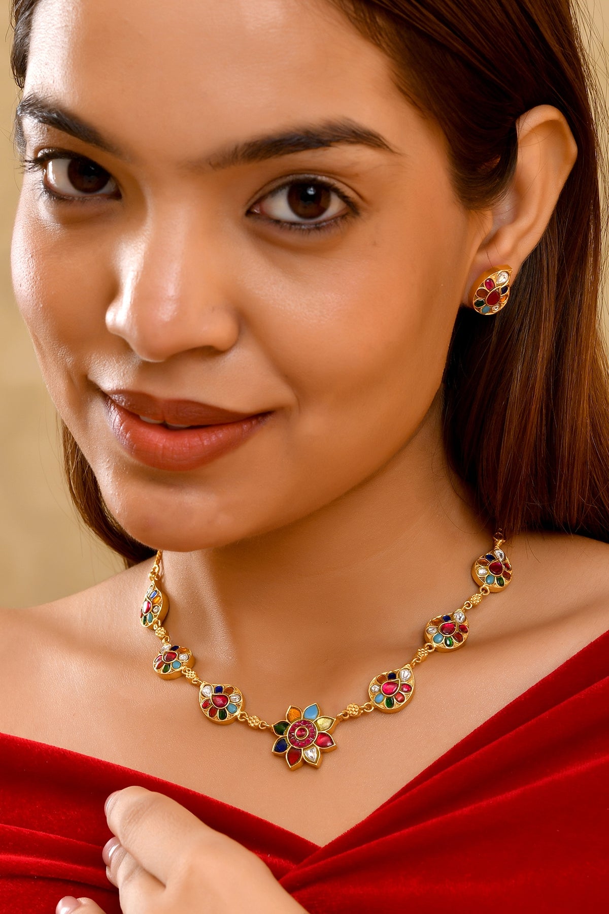 Gold Finish Moissanite Polki & Multi-Colored Gemstone Necklace Set
