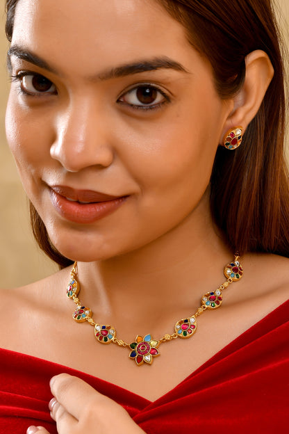 Gold Finish Moissanite Polki & Multi-Colored Gemstone Necklace Set