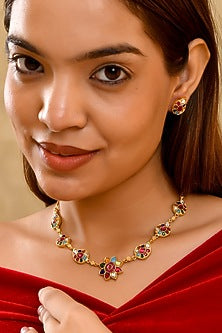 Gold Finish Moissanite Polki & Multi-Colored Gemstone Necklace Set