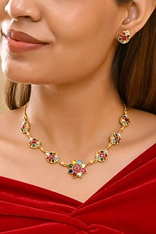 Gold Finish Moissanite Polki & Multi-Colored Gemstone Necklace Set