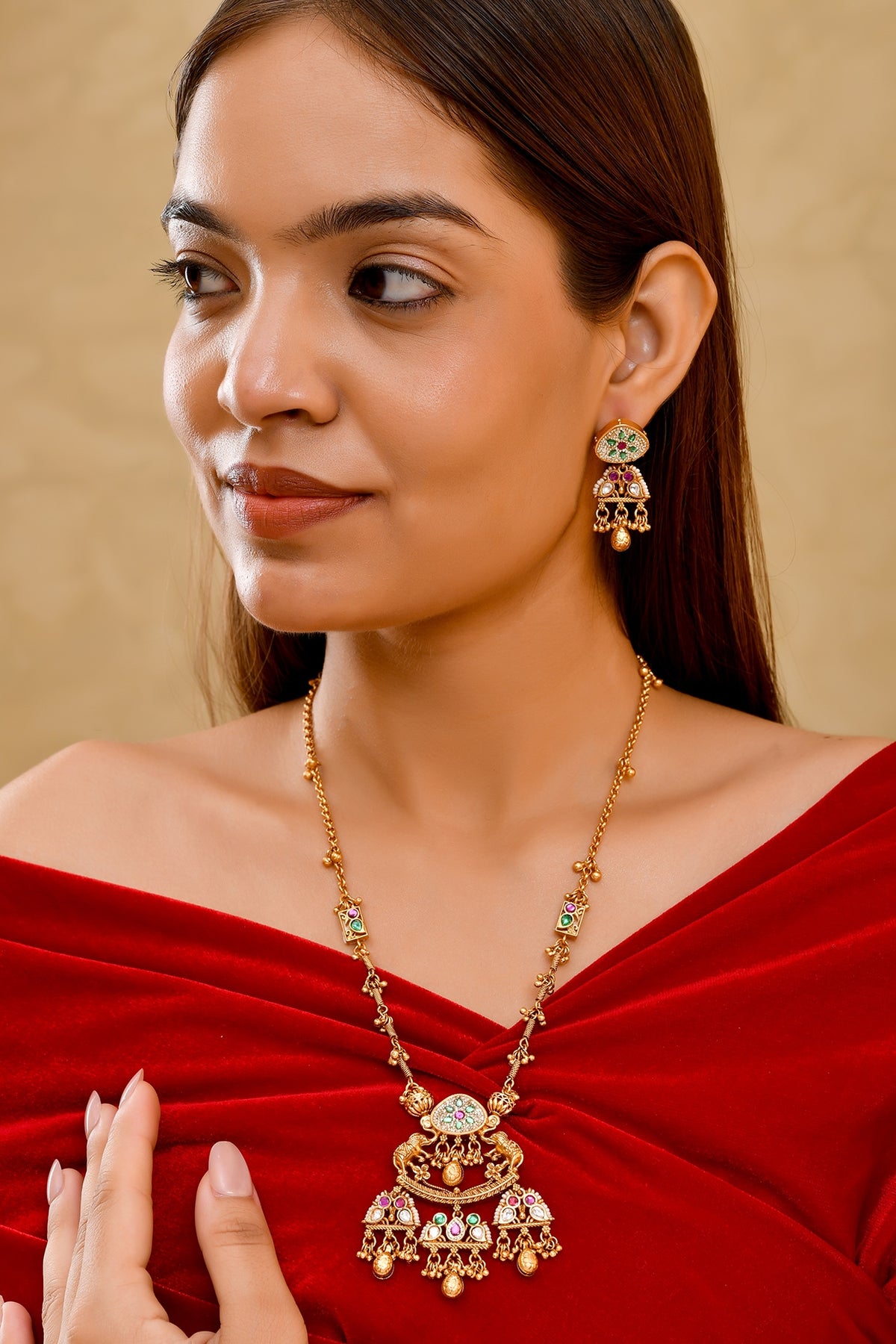 Gold Finish Zircon & Emerald Green Stone Long Necklace Set