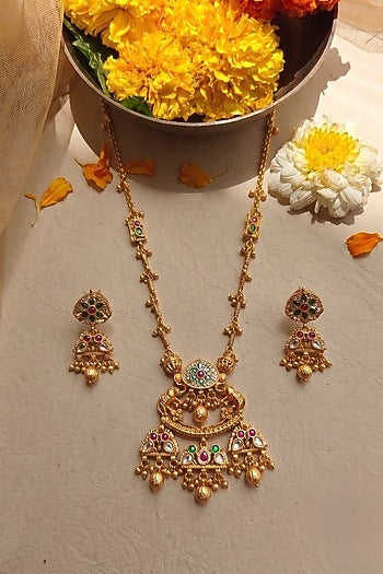 Gold Finish Zircon & Emerald Green Stone Long Necklace Set
