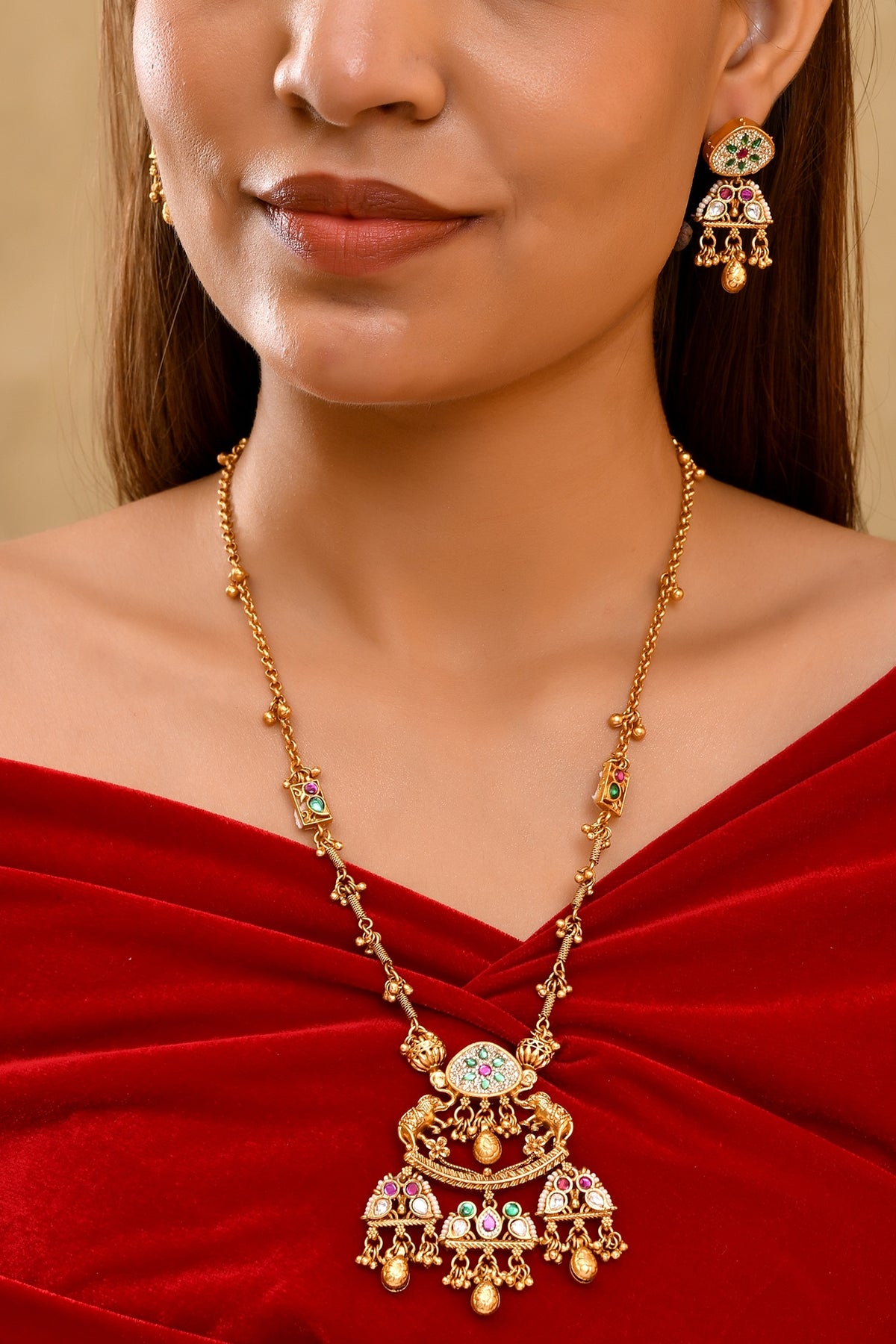 Gold Finish Zircon & Emerald Green Stone Long Necklace Set
