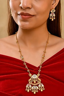 Gold Finish Zircon & Emerald Green Stone Long Necklace Set