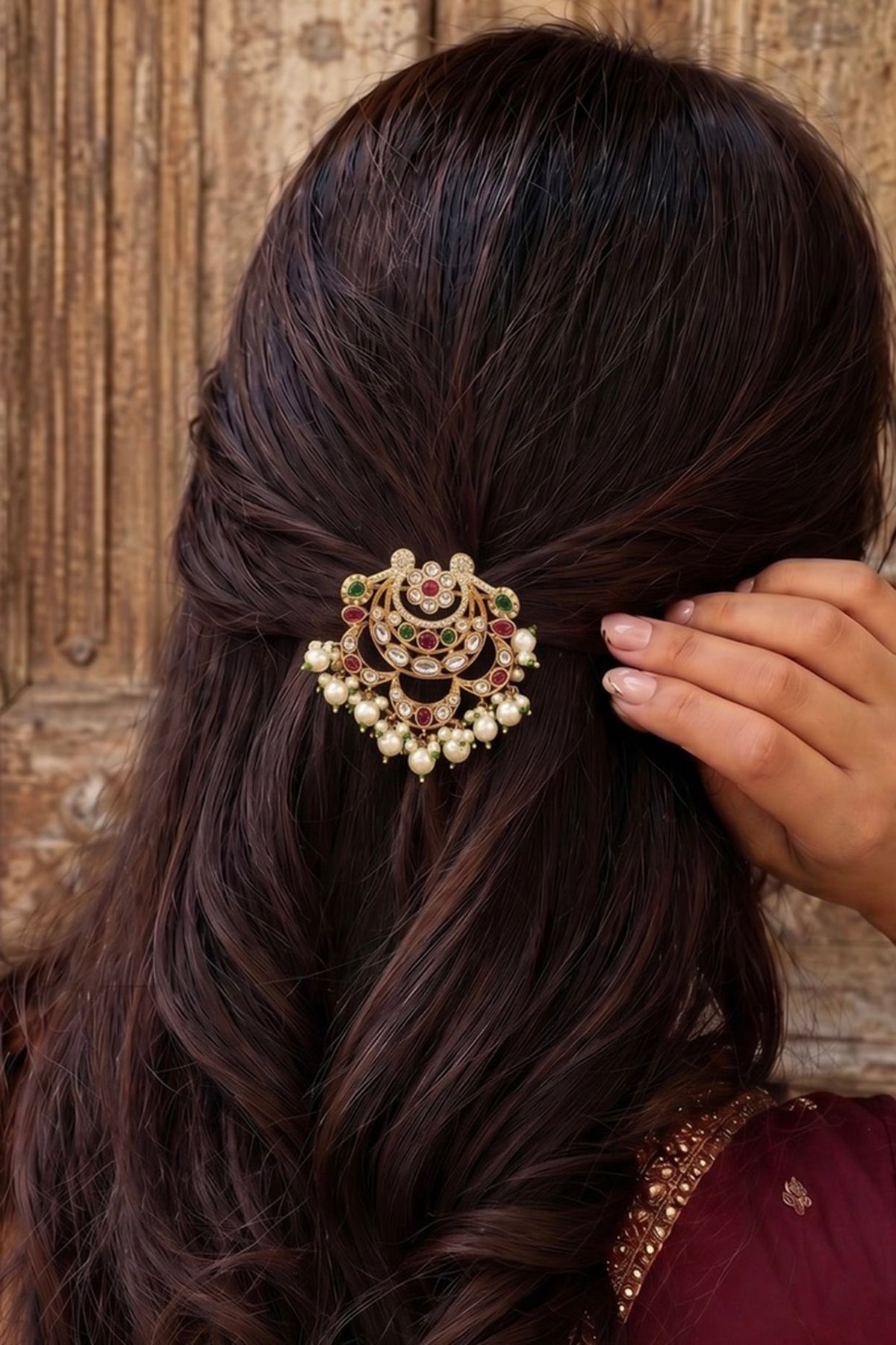 Gold Finish Zircon & Pearl Hair Brooch