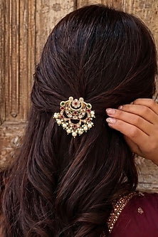 Gold Finish Zircon & Pearl Hair Brooch