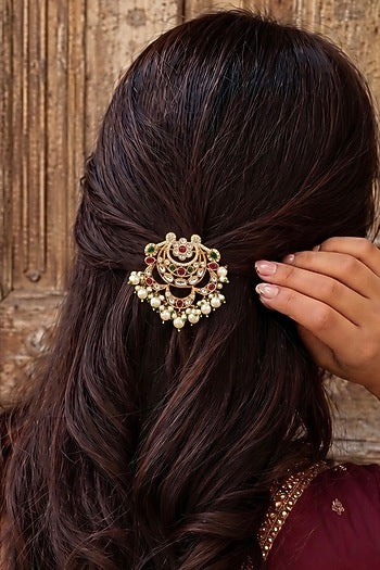 Gold Finish Zircon & Pearl Hair Brooch