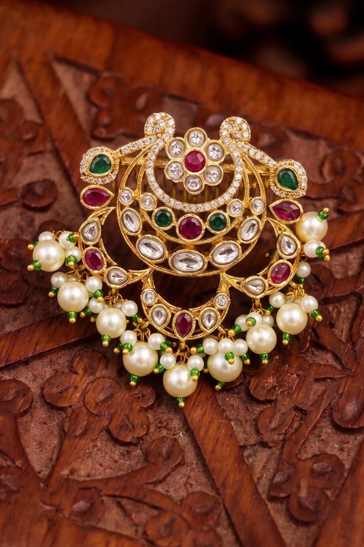 Gold Finish Zircon & Pearl Hair Brooch