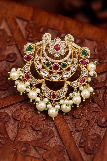Gold Finish Zircon & Pearl Hair Brooch