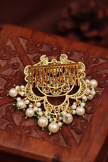 Gold Finish Zircon & Pearl Hair Brooch