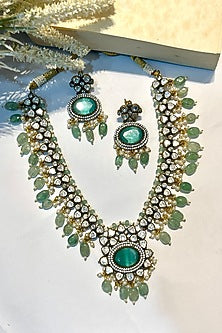 Gold Finish Kundan Polki & Jade Beaded Long Necklace Set