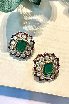 Gold Finish Kundan Polki & Green Stone Stud Earrings