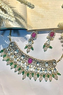 Gold Finish Pastel Green Kundan Polki Choker Necklace Set