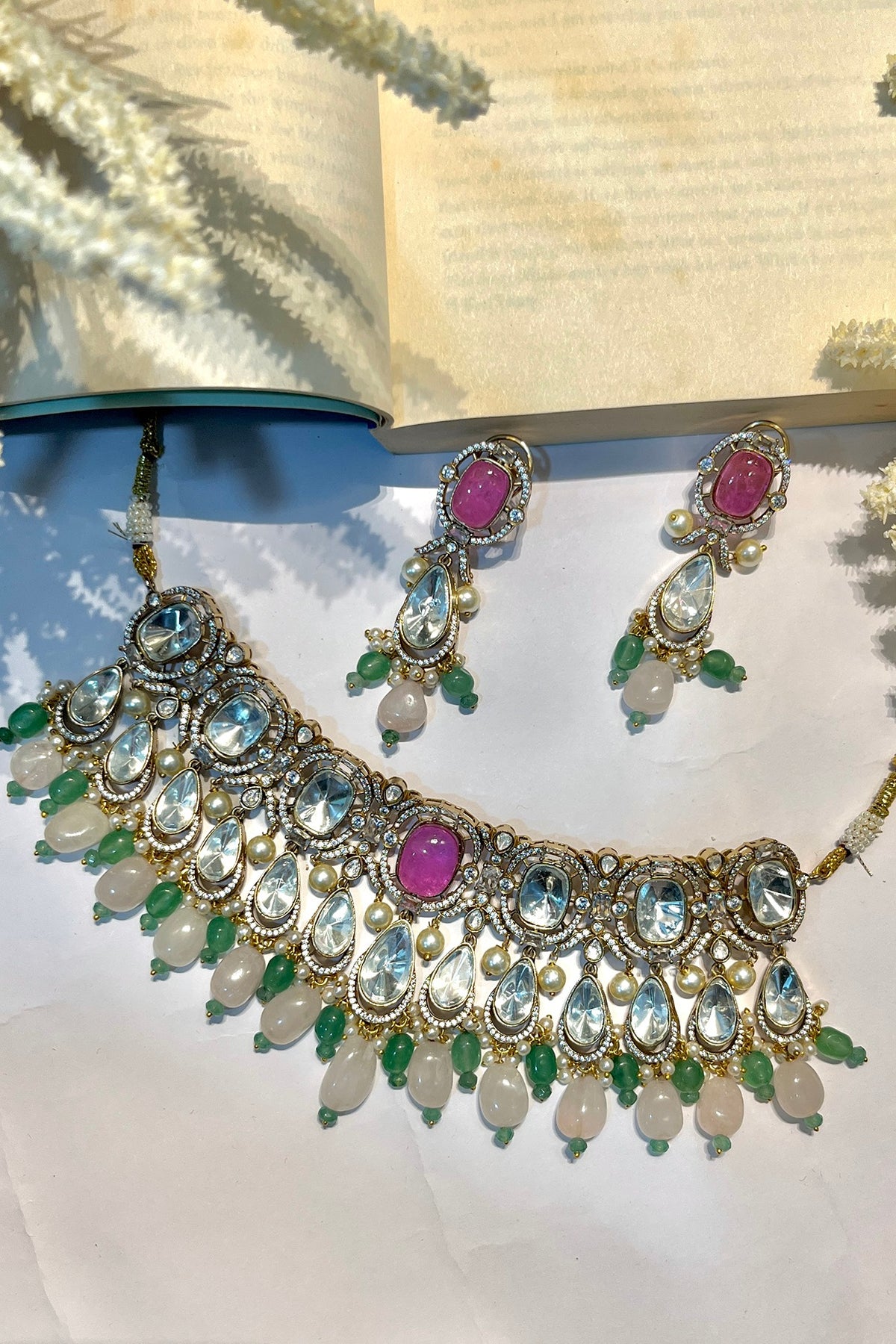 Gold Finish Pastel Green Kundan Polki Choker Necklace Set